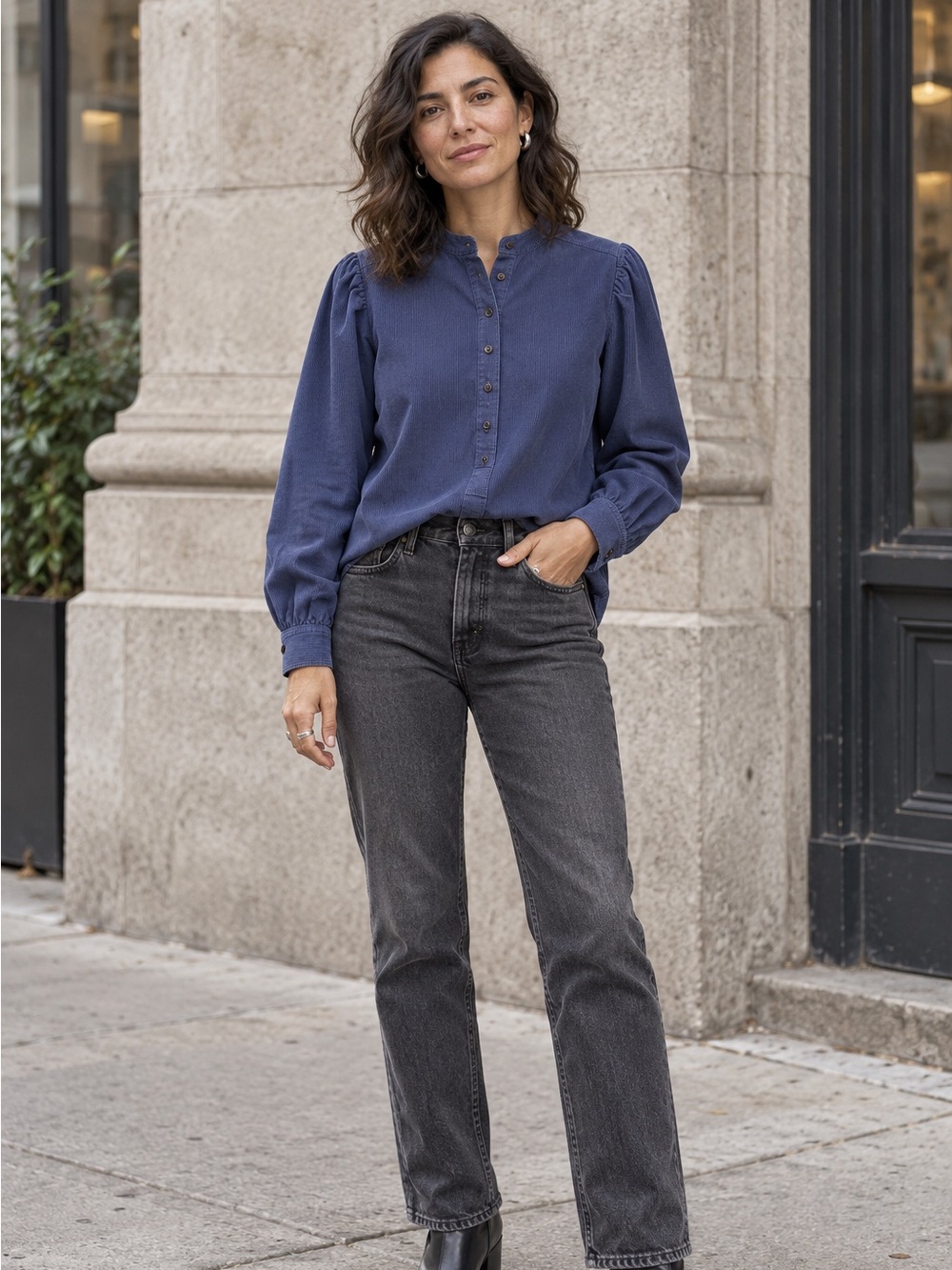 Ann Taylor Cotton Corduroy Mandarin Collar Popover Blouse S Blue